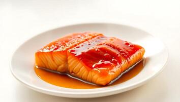 Delicious salmon fillet glazed with sauce on a white plate photo
