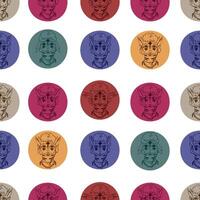 Monster template with emotional expressions. Hand drawn black and white illustrations in colored circles. Avatars of fictional characters, calm, angry, surprised, smiling and playful moods. vector