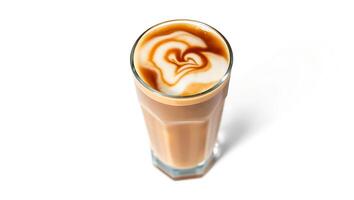 Creamy coffee drink with beautiful latte art swirl on top in clear glass photo