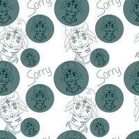 Monster template for expressing emotions. Hand drawn, scribbled illustrations in black and white, ink style. Turquoise. A fictional avatar. Eventualities, inscription of sorry. vector