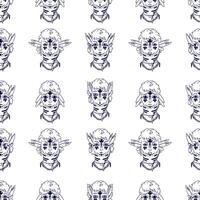 A monster pattern for expressing emotions. Hand drawn, scribbled illustrations in black and white, ink style. Fictional avatar. calm, angry, surprised, smiling, playing. vector