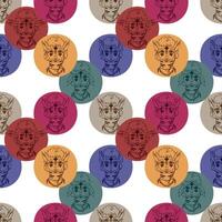 Monster pattern with different emotions. Black and white ink illustrations hand-drawn inside colored circles. Avatars of fictional characters expressing calmness, anger, surprise, smile vector