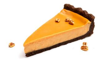 Delicious slice of pumpkin cheesecake on an Oreo crust with pecans photo