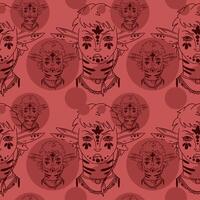 Avatar pattern for expressing emotions. Hand drawn, scribbled illustrations in black and white, ink style, Red background. A fictional avatar. Anger. vector