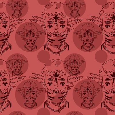 Avatar pattern for expressing emotions. Hand drawn, scribbled illustrations in black and white, ink style, Red background. A fictional avatar. Anger.