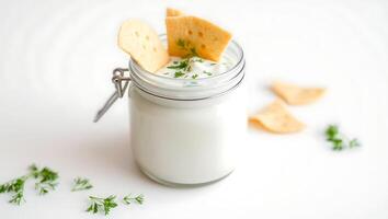 Yogurt dip with crackers and fresh herbs in a jar photo