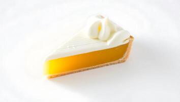 Slice of lemon pie with creamy topping on a plate photo