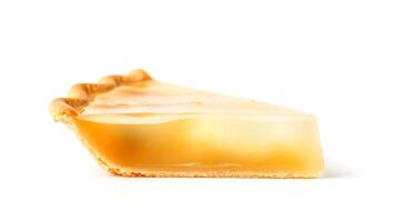 Slice of dessert showcasing a glossy surface and flaky crust photo
