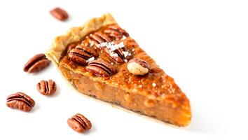 Pecan pie slice with nuts and caramel on a clean surface photo