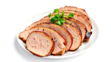 Sliced turkey breast garnished with fresh herbs on a serving plate photo