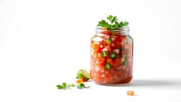 Fresh tomato salsa in a jar with lime and cilantro on white counter photo