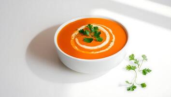 Fresh tomato soup with cilantro and cream swirl on a white table photo