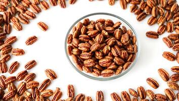 Pecan nuts arranged around a bowl on a plain surface photo