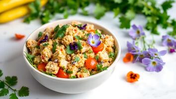 Fresh salad with colorful grains and edible flowers for a healthy meal photo