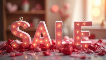 Word SALE made of candles and red hearts on a white background photo