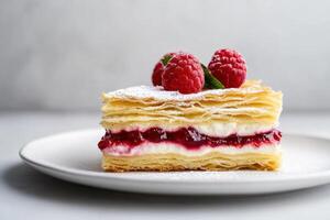 Slice of Puff pastry with cream and raspberry jam photo