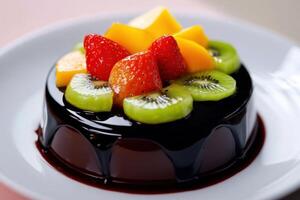 A chocolate dessert with a flawless mirror glaze and sliced vibrant fruits strawberries, kiwis, and mango. photo