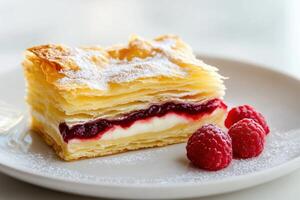 Slice of Puff pastry with cream and raspberry jam, where each layer is separated and visible. photo