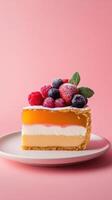 A beautifully crafted pie slice with three distinct layer , a rich, golden caramel base, a silky vanilla cream middle, and a vibrant fruit topping, featuring fresh berries. photo