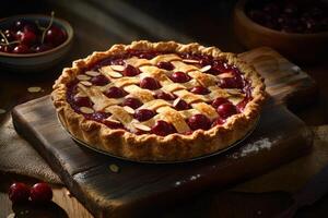 A freshly baked cherry pie with a golden crust, topped with a delicate layer of toasted almond slivers. photo