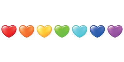 Seven hearts in rainbow colors, stacked in a row, isolated on a transparent background. Rainbow love. Pride month. vector