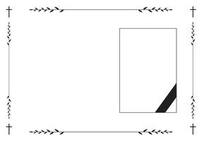 Funeral card. Empty card with black cross in the corners and photo frame with black ribbon vector