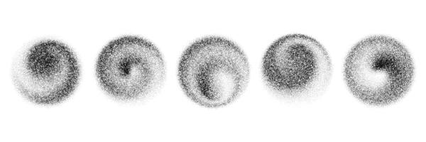 Dotted spiral gradient shapes. Black stippled swirl object set. Grainy spray circles collection. Noise wave splashes and splatters forms. Dissolving sand dust texture. Fading halftone elements vector