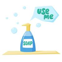 Soap in dispenser bottle with soap bubbles arounds, use me sign, wash hands with soap, flat style vector