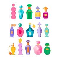 Perfume bottles set, different fragrance bottles with sparkles in flat style, scented waters collection, illustration isolated on white background vector