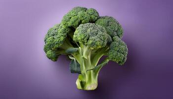 Vibrant green broccoli florets against a deep purple backdrop. Fresh and healthy. photo