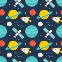 Space Discovery Seamless Pattern with Floating Astronaut and Solar System Elements in Cartoon Style vector