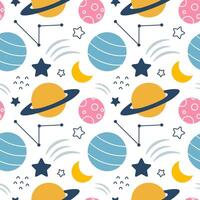 Futuristic Space Exploration Seamless Pattern with Cartoon Astronaut and Cosmic Scenery vector
