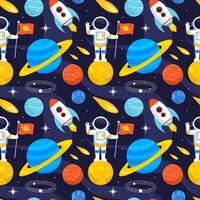 Seamless Space Adventure Pattern Featuring Cartoon Astronaut and Cosmic Background Elements vector
