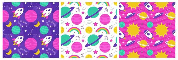 Seamless Space Mission Pattern Featuring Astronauts, Rockets, and Planets in a Flat Cartoon Illustration vector