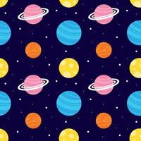 Cartoon Flat Space Pattern with Floating Astronaut and Outer Space Wonders in a Seamless Design vector