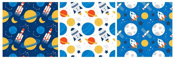 Cartoon Flat Style Seamless Space Pattern Featuring Astronauts, Planets, and Galaxies vector