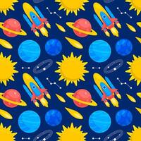 Hand-Drawn Cosmic Universe Seamless Pattern with Space Explorers and Celestial Objects vector