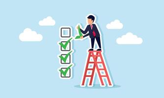 Businessman climbs stairs to check off a checklist, illustration of effort in completing a business task list vector
