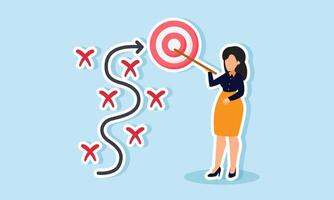 Businesswoman holds a pointer, explaining and pointing at a target board as the goal of a flowchart map, illustration of educating the team on company vision and business targets vector