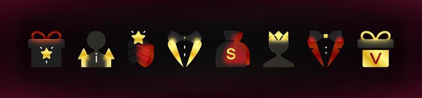 Game Rewards and Status Icons on the black background .Glassmorphism UI gold and red icons set. Blurry VIP icons. vector
