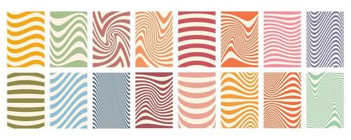 Groovy wave stripe big set. Hand drawn groovy, hippie backgrounds. Distorted uneven stripes, warped streaks, fluid liquid wavy lines, doodle waves. Striped rectangle templates collection. vector
