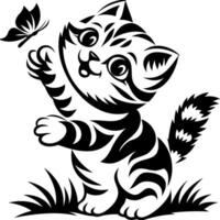 A playful cat reaching for a butterfly, depicted in a whimsical black and white design, surrounded by grass. vector
