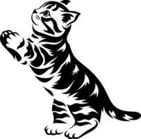 A stylized black and white illustration of a playful cat standing on its hind legs, showcasing its elegant posture and distinctive stripes. vector