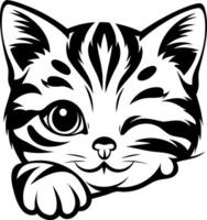 A cute, cartoon-style kitten with playful eyes and a cheeky expression, featuring distinct stripes and a charming pose. vector