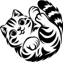 A playful, cartoonish cat illustration with prominent stripes and large, expressive eyes, lying on its back in a joyful pose. vector