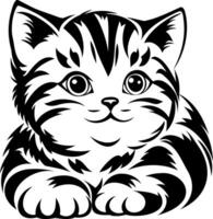 A cute, stylized drawing of a playful kitten with striking stripes and large, expressive eyes. vector