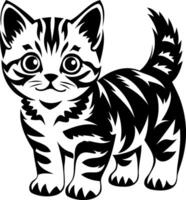 A cute, stylized black and white illustration of a striped kitten with big eyes, standing playfully. vector