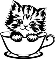 A cute, stylized kitten peeks out of a teacup, showcasing playful features and a charming expression in a black-and-white design. vector