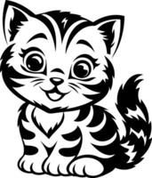 A cute, cartoon-style kitten with big eyes and stripes, sitting happily with a playful expression. vector