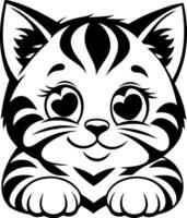 A cute, cartoonish kitten with heart-shaped eyes, featuring prominent stripes and a playful expression. vector